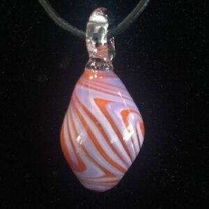 Handblown Glass Swirl Pendant Necklace Reversible Leather Cord Purple Orange